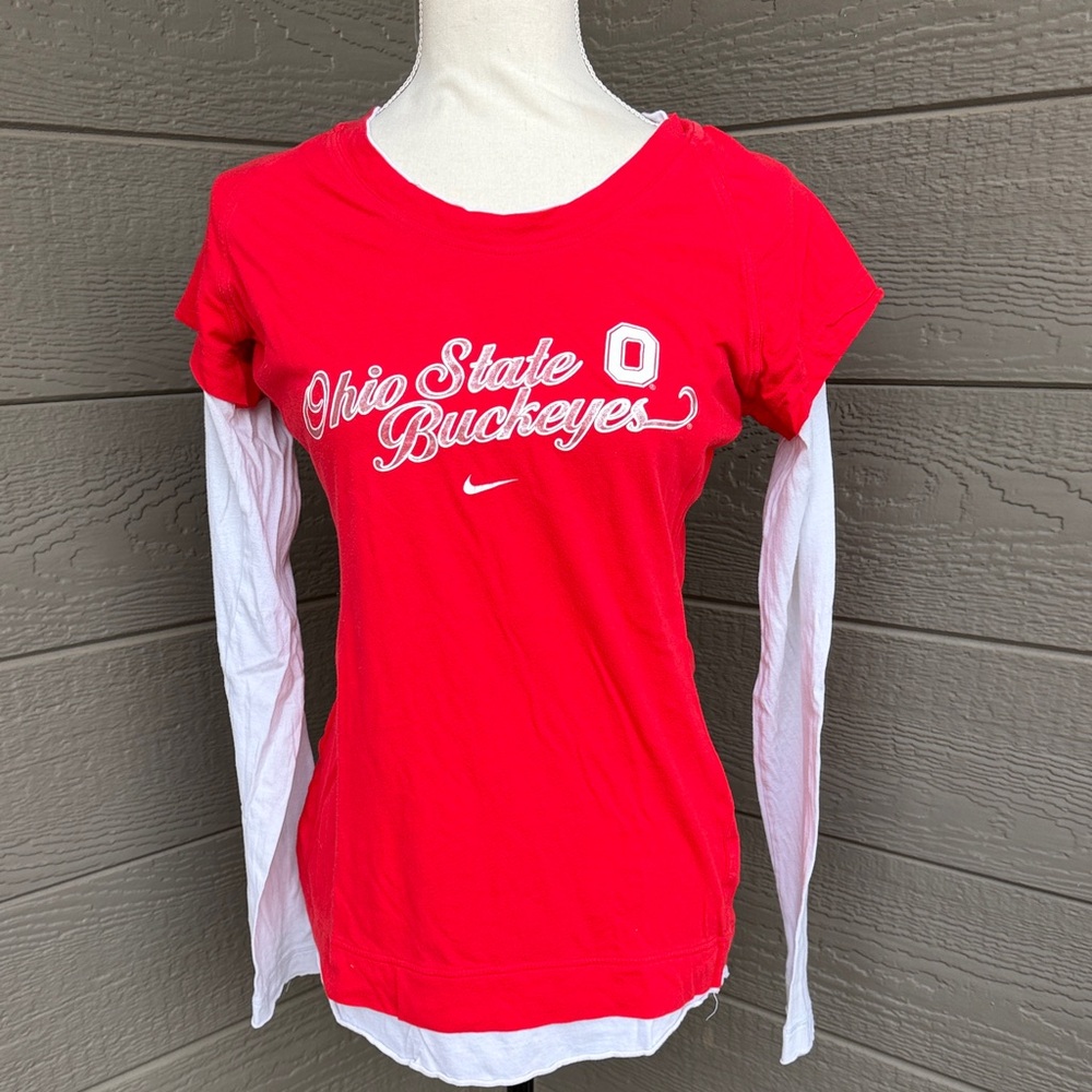 Nike Women's Red and White Ohio State Buckeyes Long Sleeve Tee